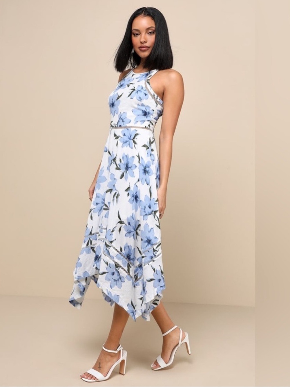 Lulus Zahara Blue and White Floral Print Midi Knee Length Dress, Size XS, NWOT